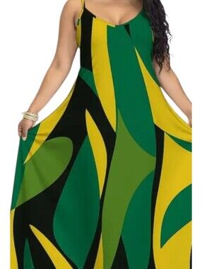 Sleeveless Green & Yellow Abstract Maxi Dress - Women